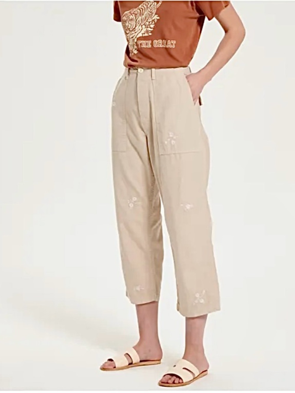 The Great. The Vintage Army Embroidered Cropped Trousers Women’s 26 / 28 In Ecru